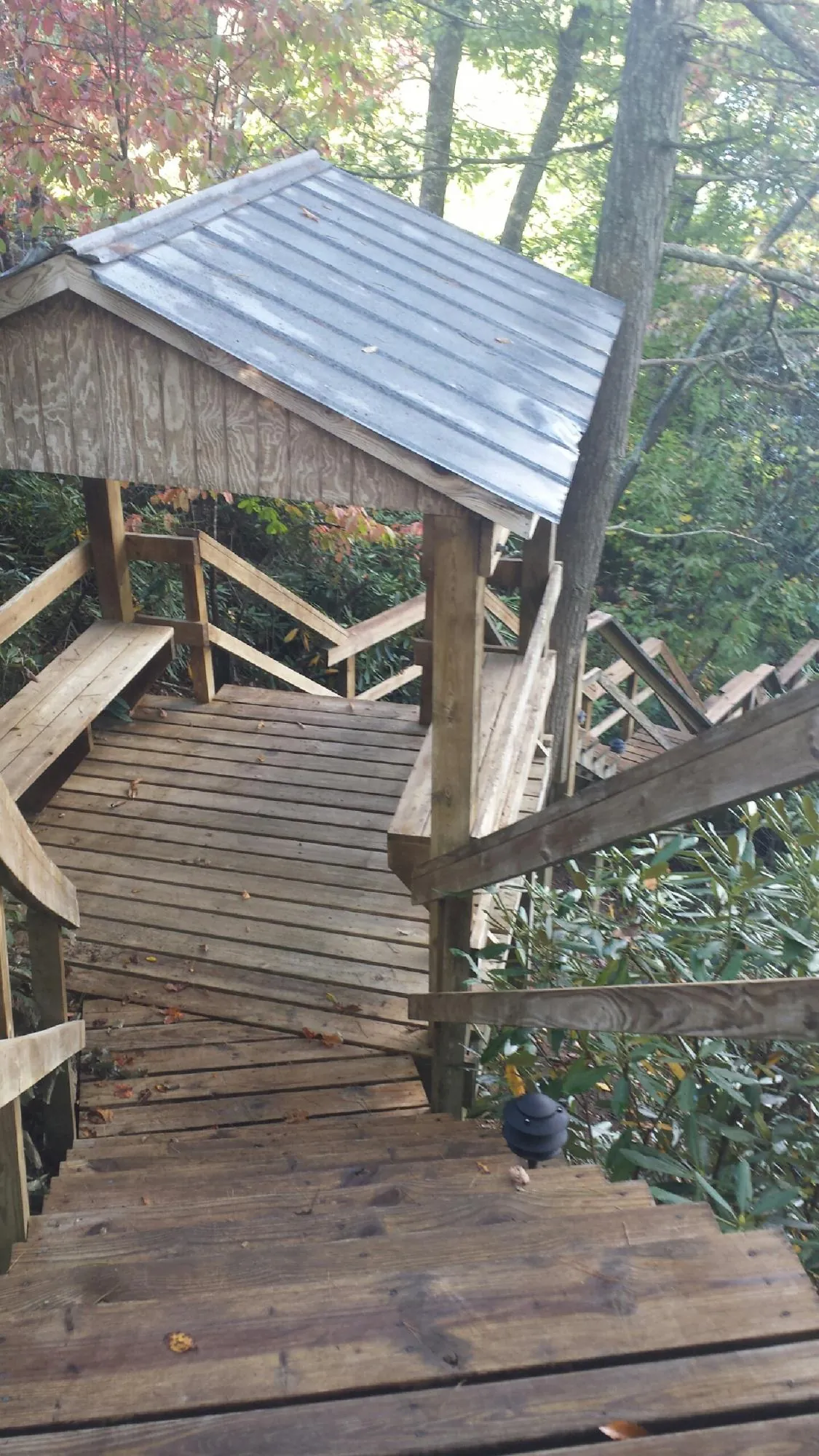 Metal roofed shelter over wooden steps on a wooded walkway — Skylight Repair & Installation work by our crew in Tuskegee Institute